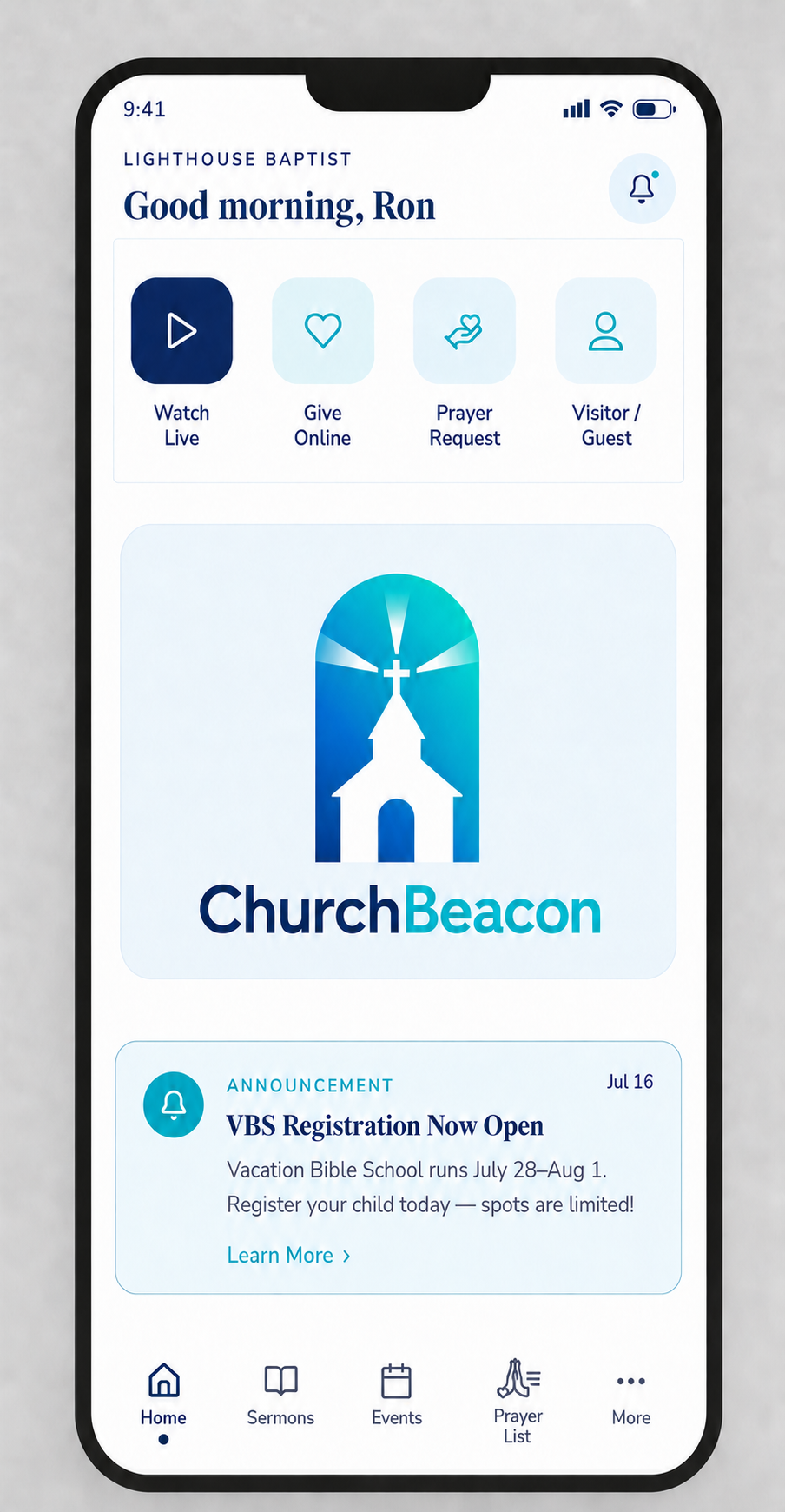 ChurchBeacon app home screen